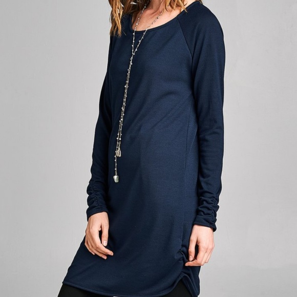 Navy Blue Side Ruched Longsleeve Tunic Top - Picture 2 of 5